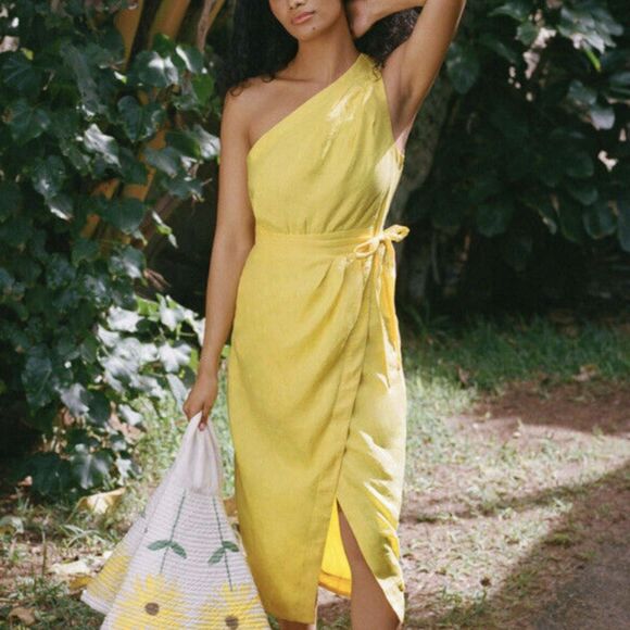 NWT Anthropologie One-Shoulder Linen Midi Dress in Yellow Size 10 (Orig. $180) - Picture 1 of 6